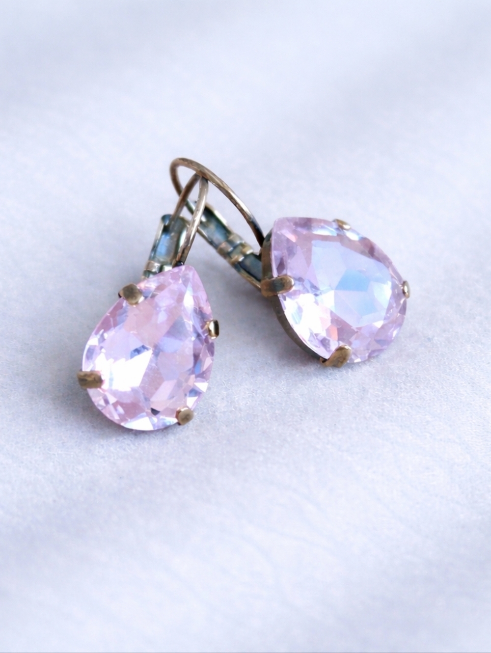 Antique Brass Lever Back Drop Earrings with Light Pink Crystals - Handcrafted